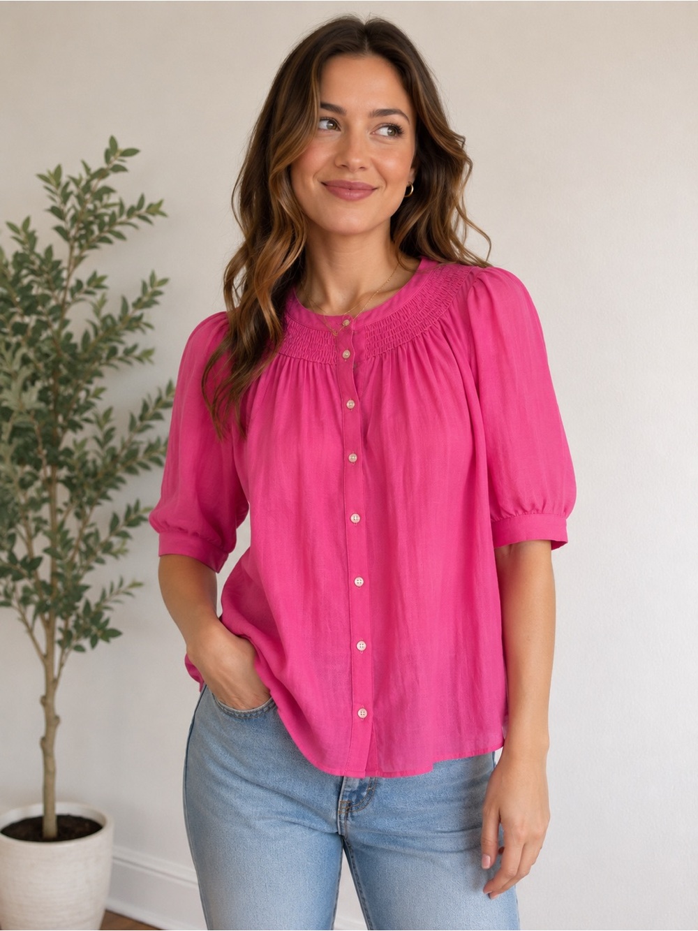 Boden Bright Pink Smocked Linen Button-Down Blouse